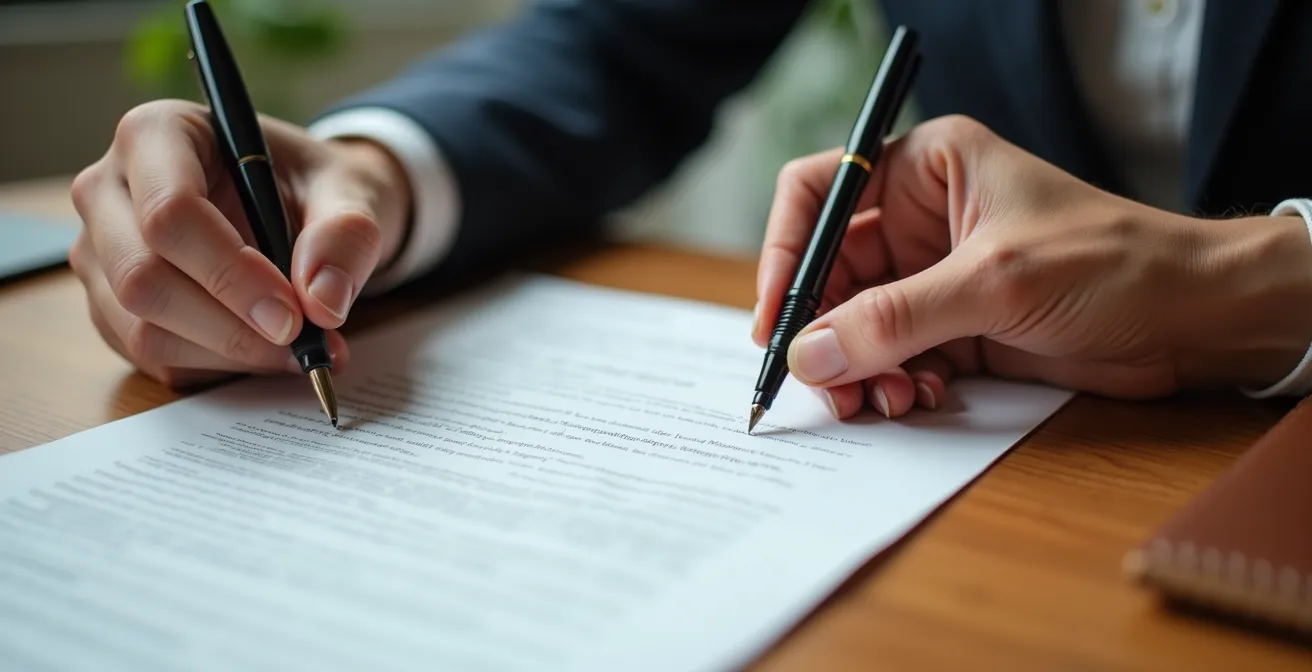 Primo piano di mani che firmano un documento con penna stilografica su scrivania in legno scuro