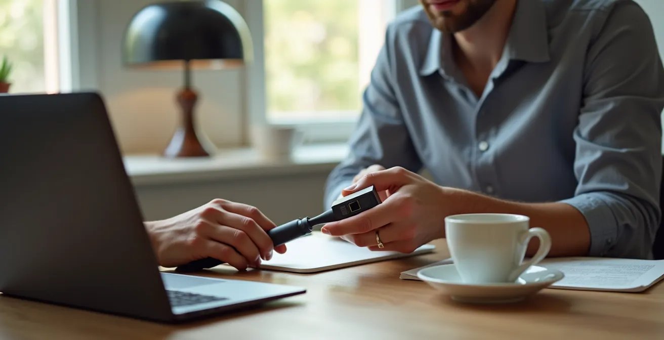 Adattatore USB-C a Ethernet collegato a un laptop moderno su scrivania italiana