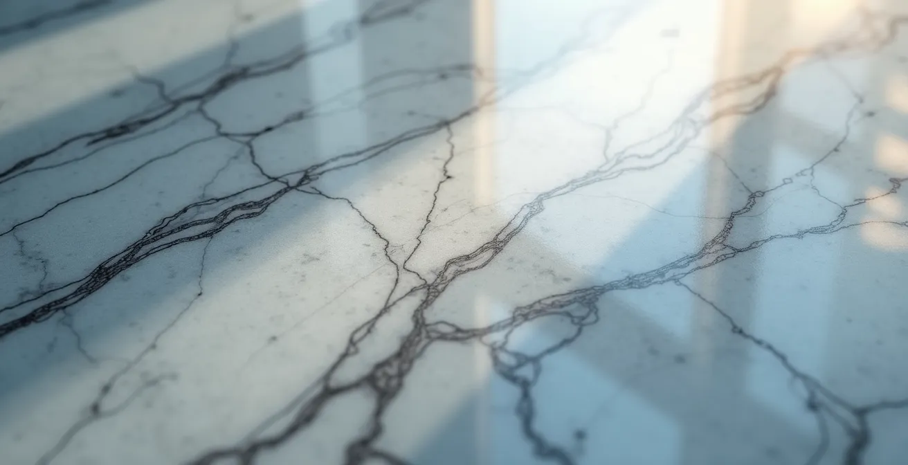 Primo piano macro di una superficie di marmo italiano con riflessi di luce che creano pattern astratti geometrici