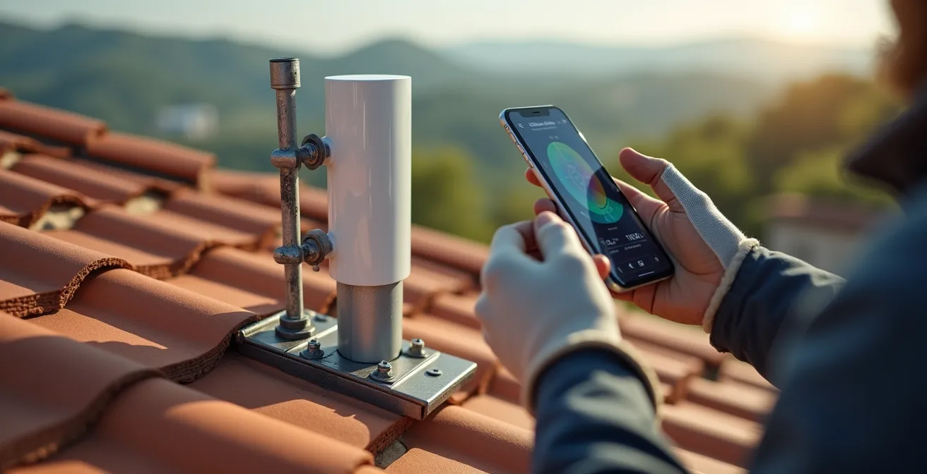 Tecnico che orienta antenna FWA esterna sul tetto usando smartphone con bussola