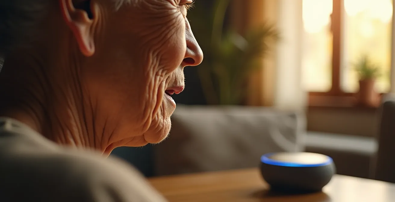 Anziano seduto in poltrona che parla verso l'alto, ambiente domestico con luci soffuse che suggeriscono automazione