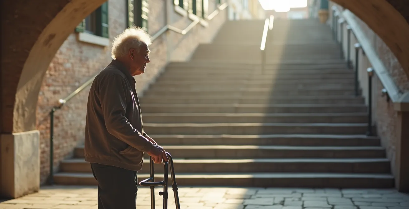 Vista laterale di un ripido ponte veneziano con gradini, che rappresenta una barriera architettonica.
