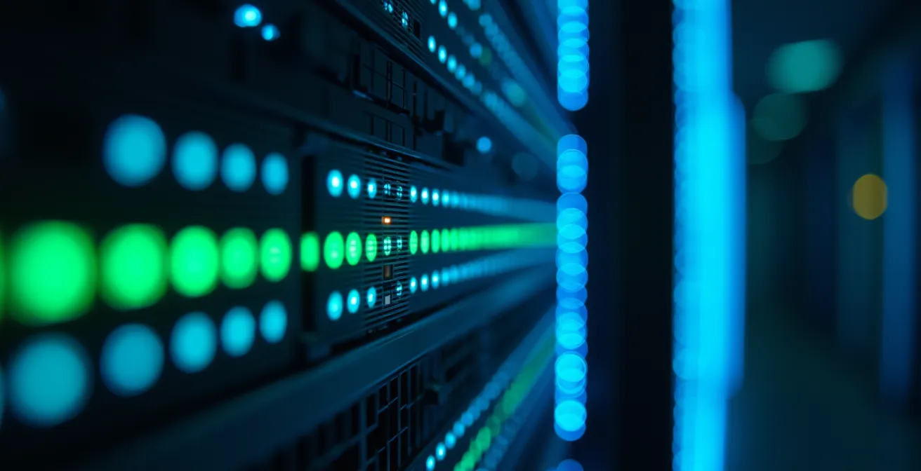 Vista laterale ravvicinata di server rack in un data center italiano, luci LED blu e verdi creano pattern astratti