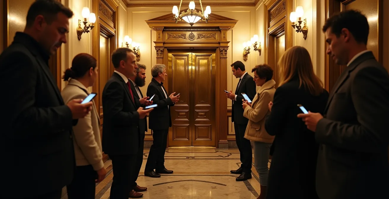 Vecchio ascensore liberty di palazzo romano con persone in attesa che rappresenta la congestione del Wi-Fi