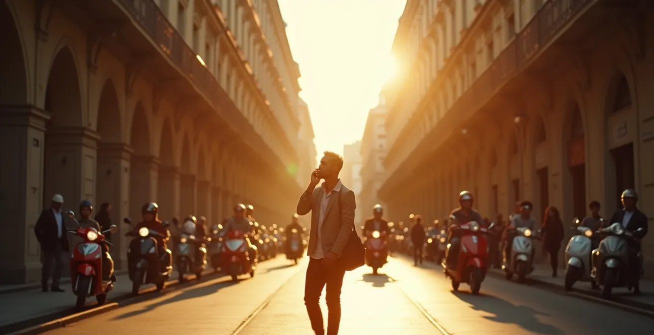 Persona in ambiente urbano rumoroso durante una chiamata con visualizzazione astratta delle onde sonore filtrate