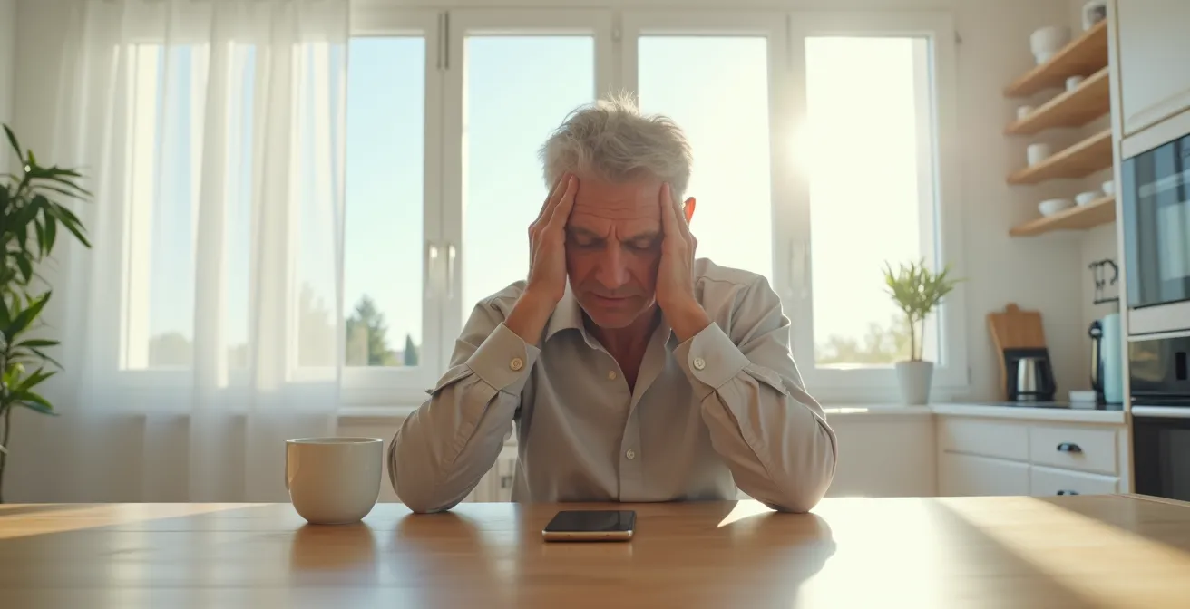 Persona di mezza età seduta al tavolo con mani sulla testa, smartphone appoggiato lontano, espressione stanca ma determinata