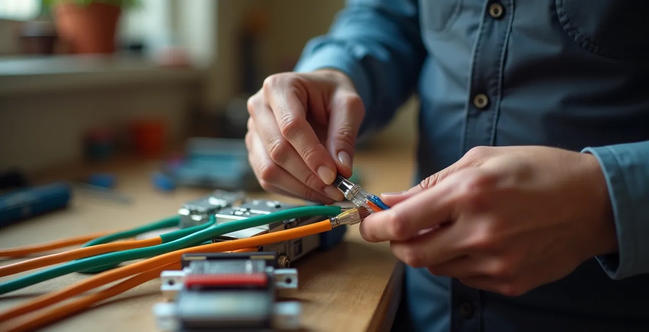 Dettaglio ravvicinato di un connettore RJ45 con cavi colorati