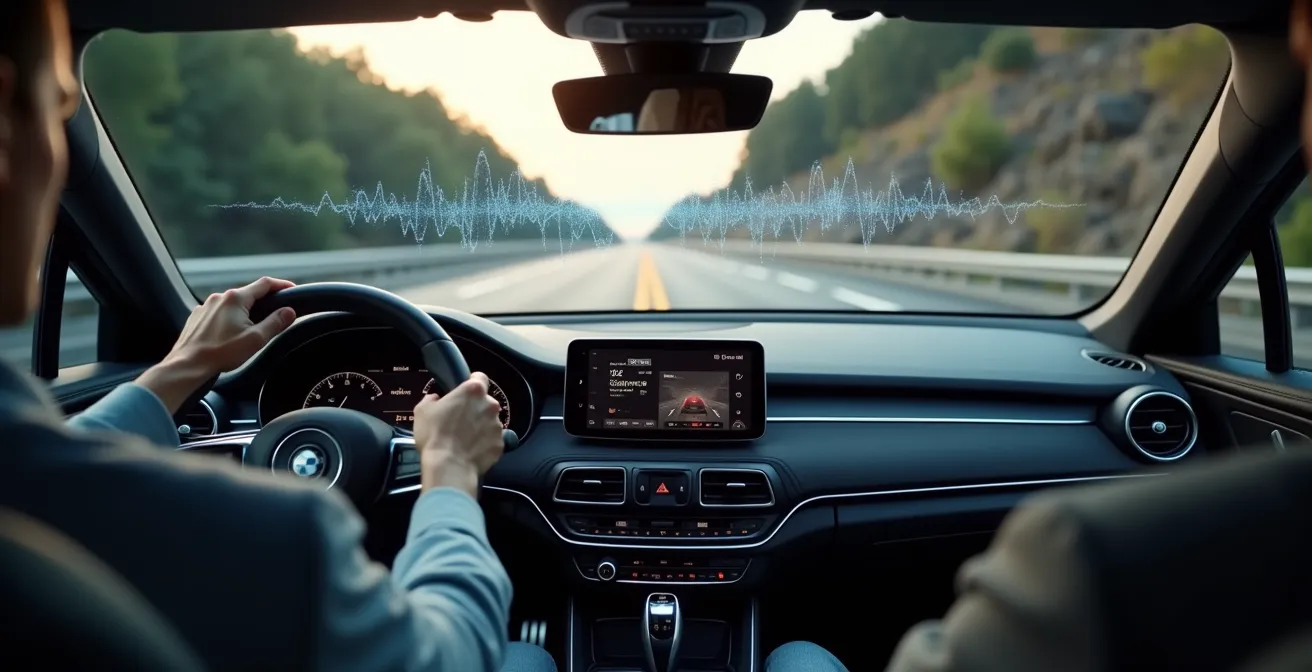 Interno auto con visualizzazione astratta comandi vocali mentre si guida
