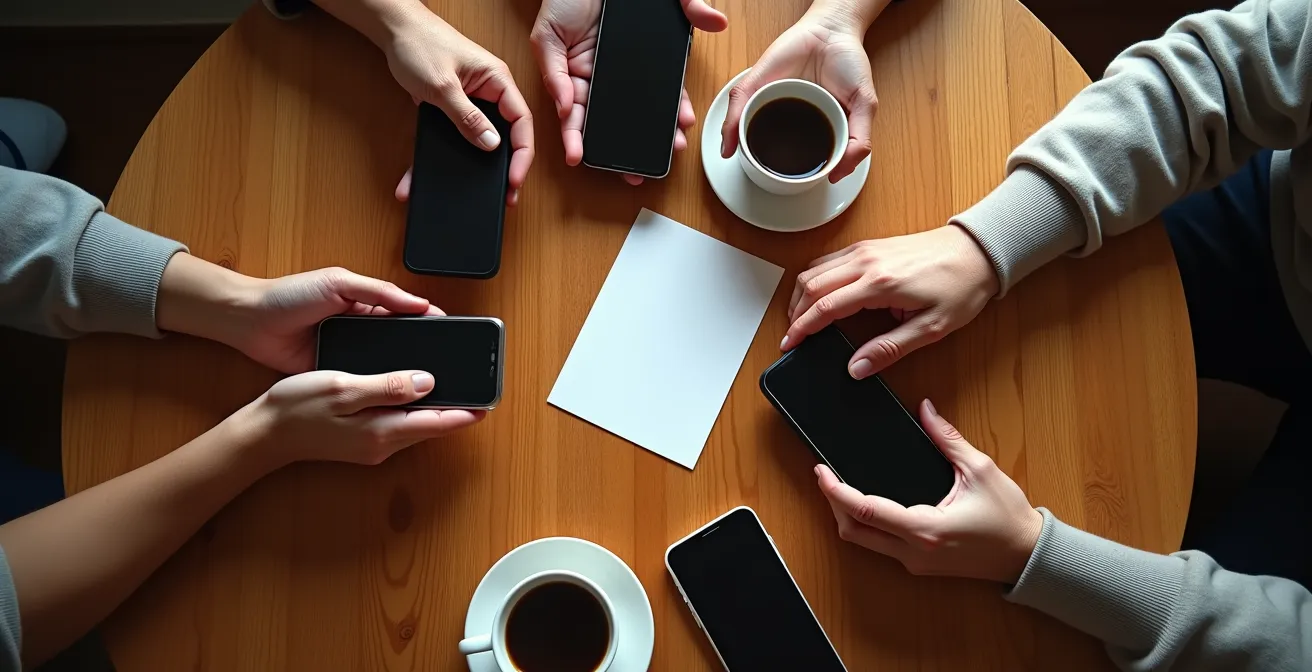 Mani di diverse generazioni che tengono smartphone con impostazioni privacy visibili in modo sfocato