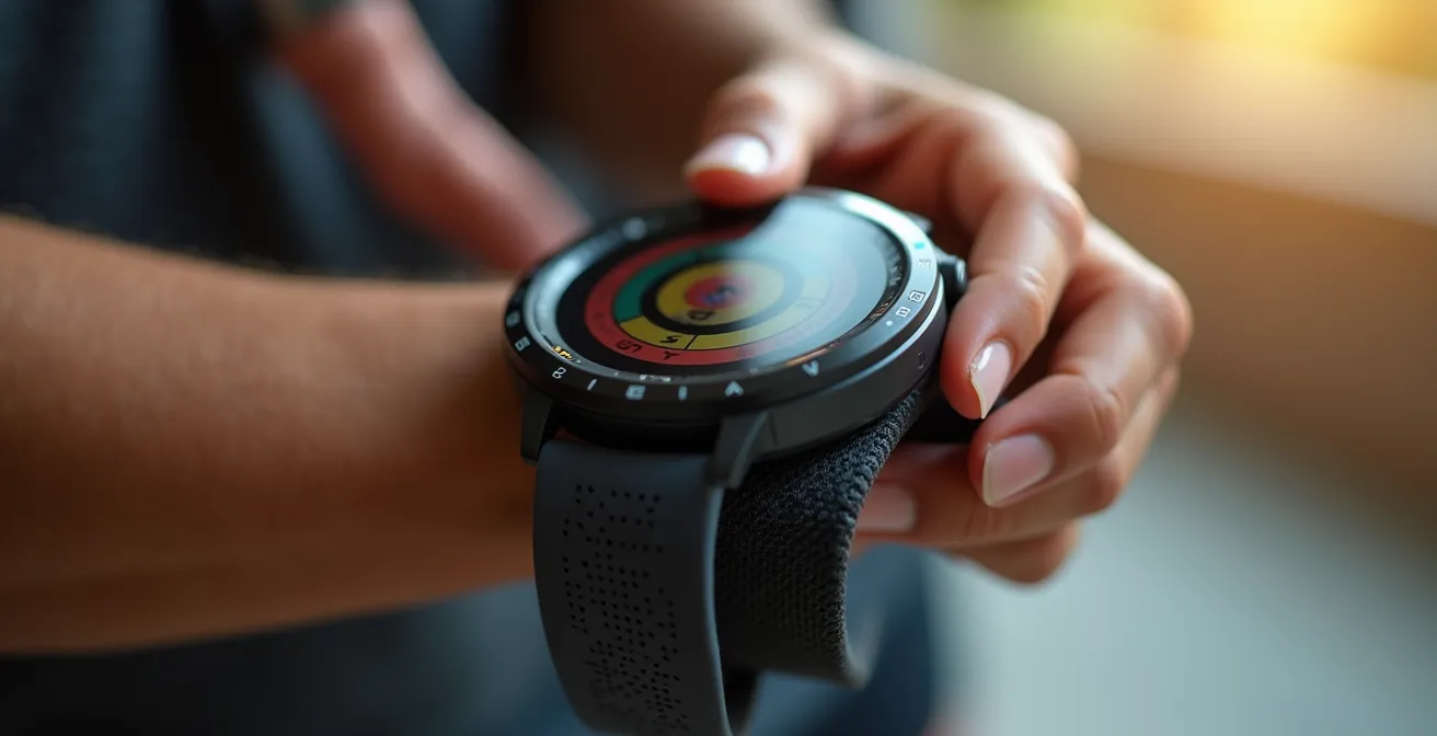 Mani che configurano un allenamento a ripetute su uno smartwatch sportivo
