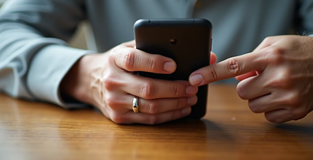 Mani di persona anziana che configurano le impostazioni di sicurezza su uno smartphone con l'aiuto di un familiare