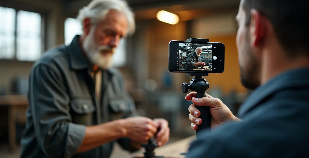 Dipendente senior che registra una procedura tecnica con smartphone in ambiente produttivo italiano