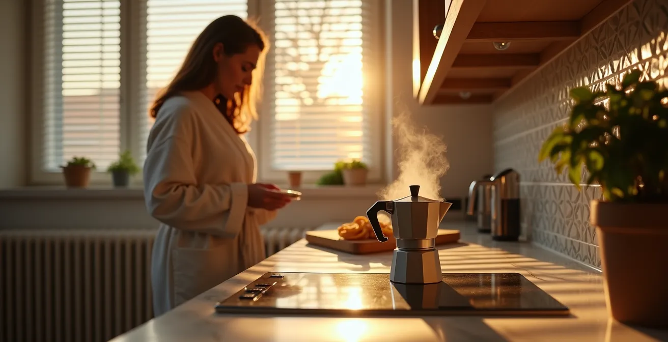 Cucina italiana al mattino con macchina del caffè smart e sistema di riscaldamento zonale