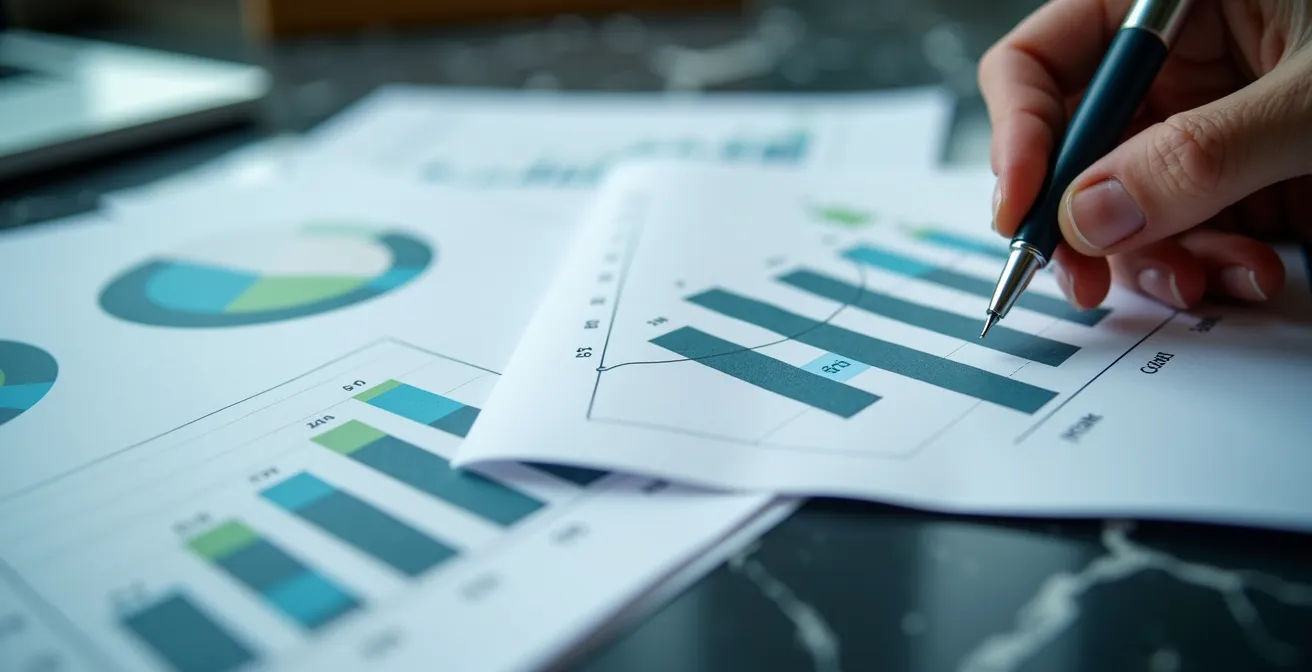 Vista macro di grafici e metriche di performance su superficie di lavoro moderna
