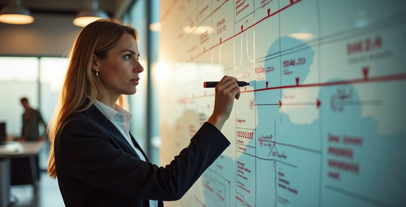 Manager italiano che organizza un piano temporale dettagliato su una lavagna trasparente con milestone del progetto PNRR