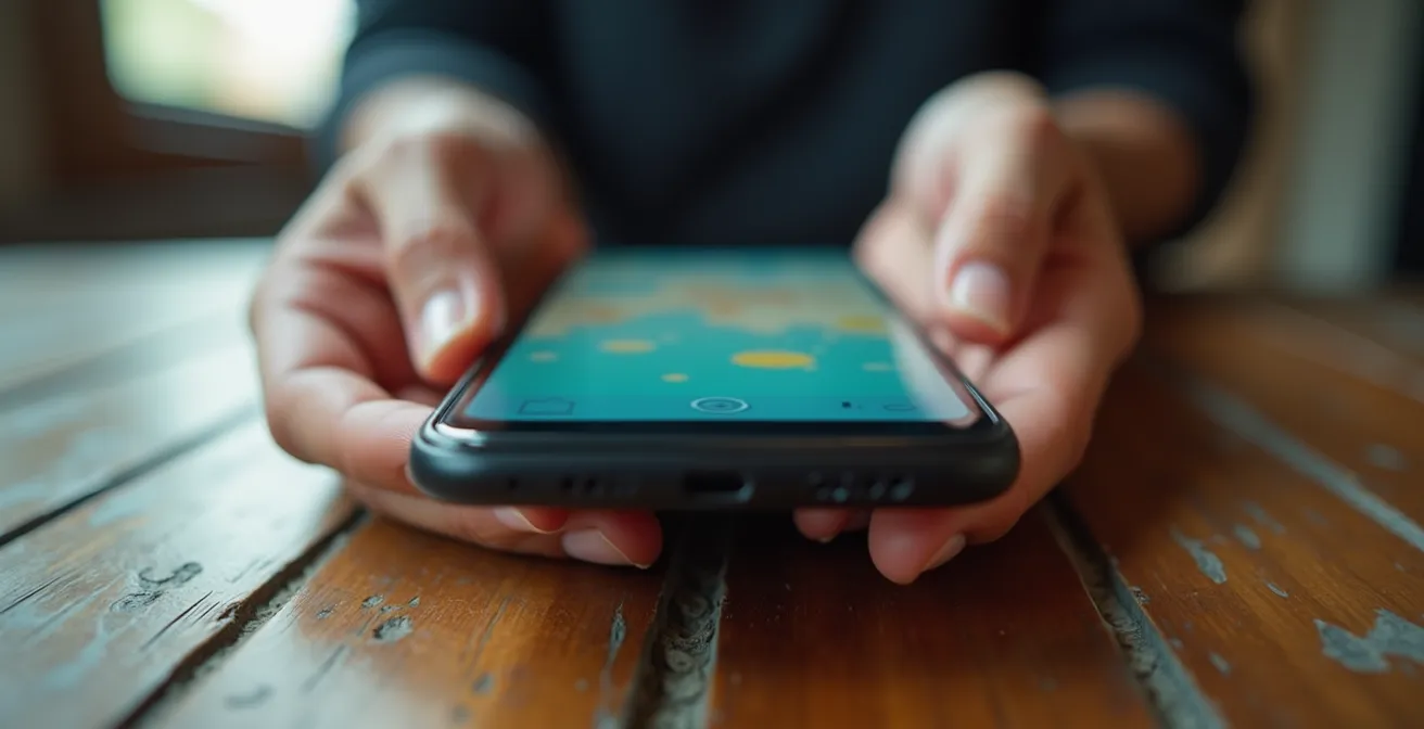 Mani che tengono uno smartphone con una mappa di Venezia in fase di download per l'uso offline.