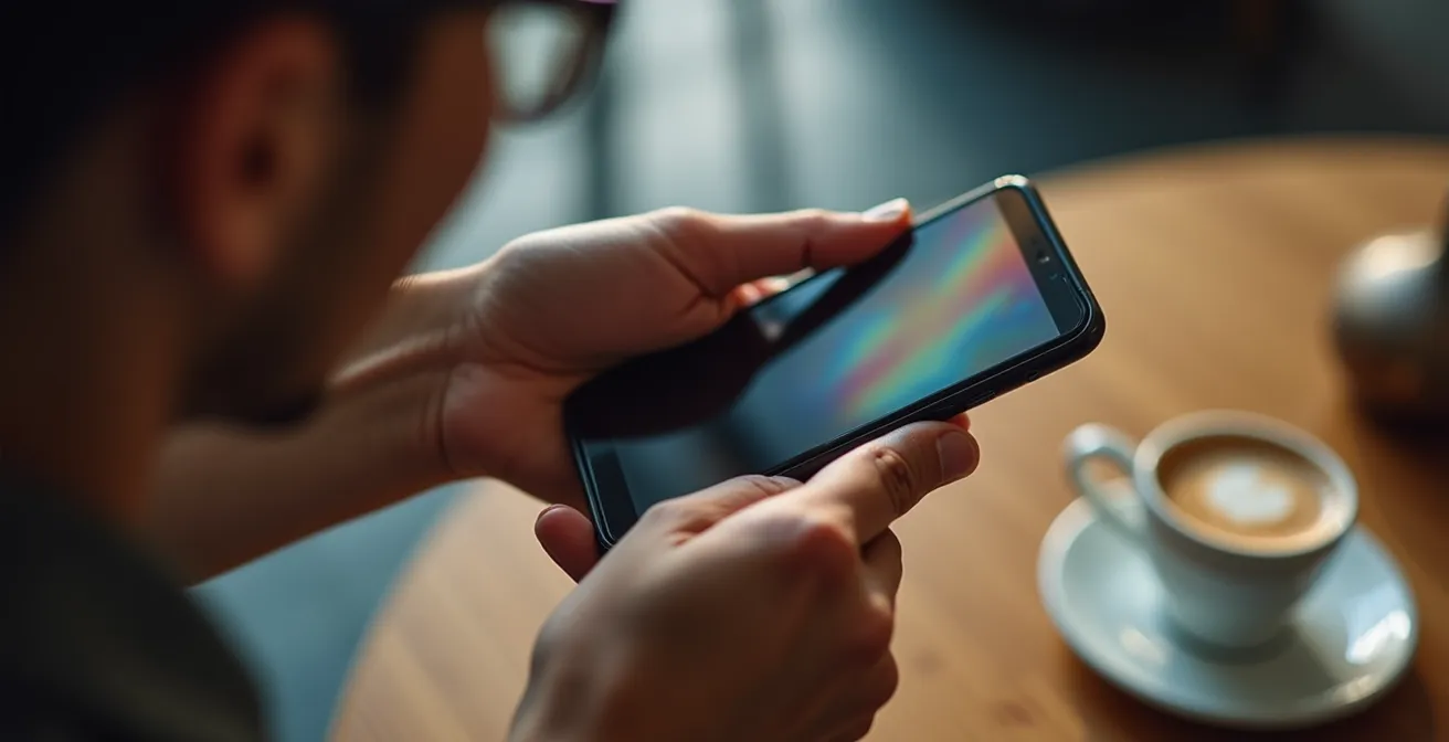 Mani che tengono uno smartphone con interfaccia di editing video astratta visualizzata attraverso riflessi luminosi