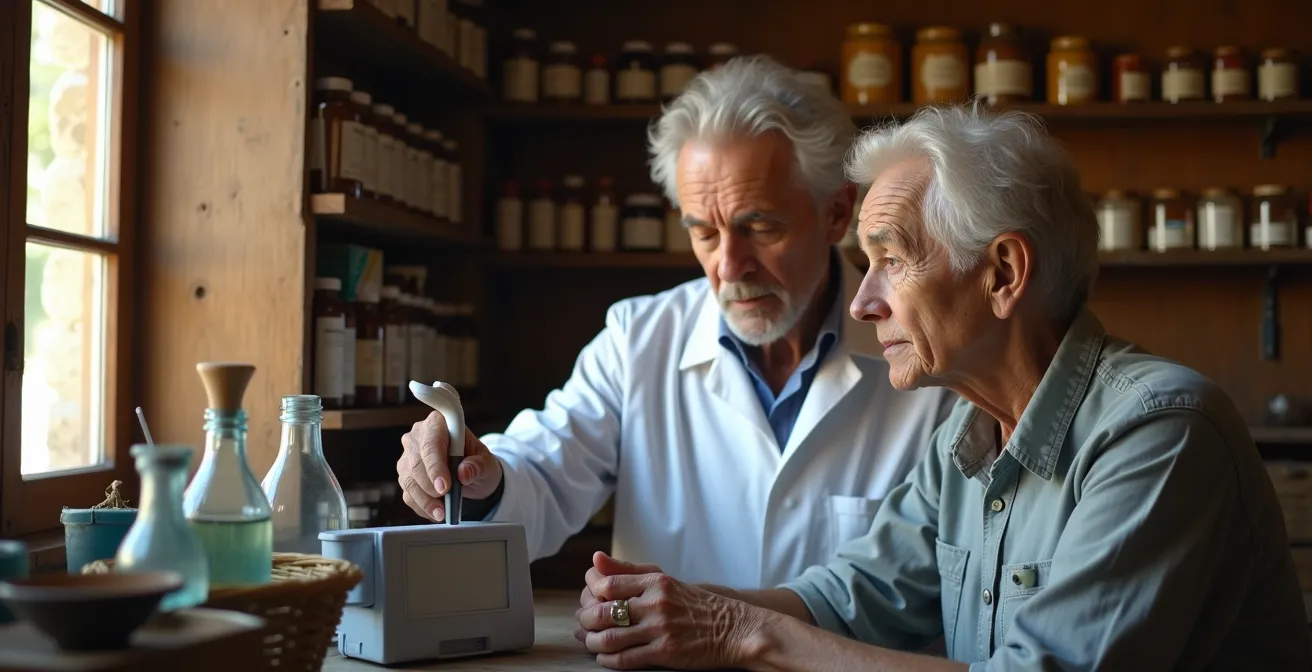 Interno di una farmacia storica con elementi moderni di telemedicina integrati armoniosamente