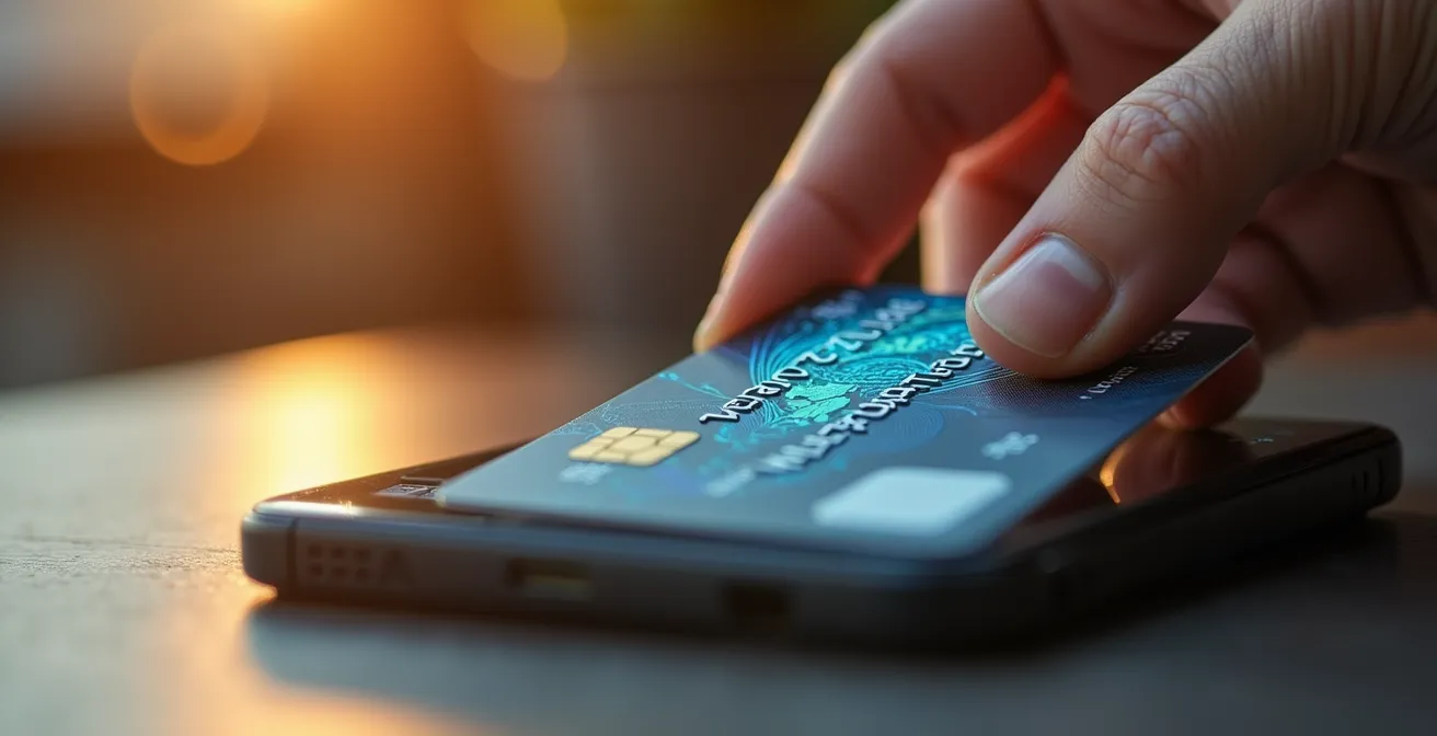 Mano che appoggia carta d'identità elettronica su lettore NFC con sfondo sfocato