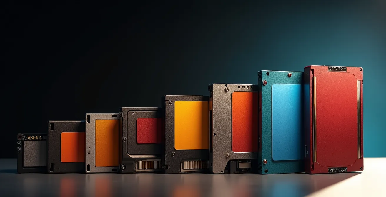 Supporti di memorizzazione di diverse epoche disposti in sequenza evolutiva