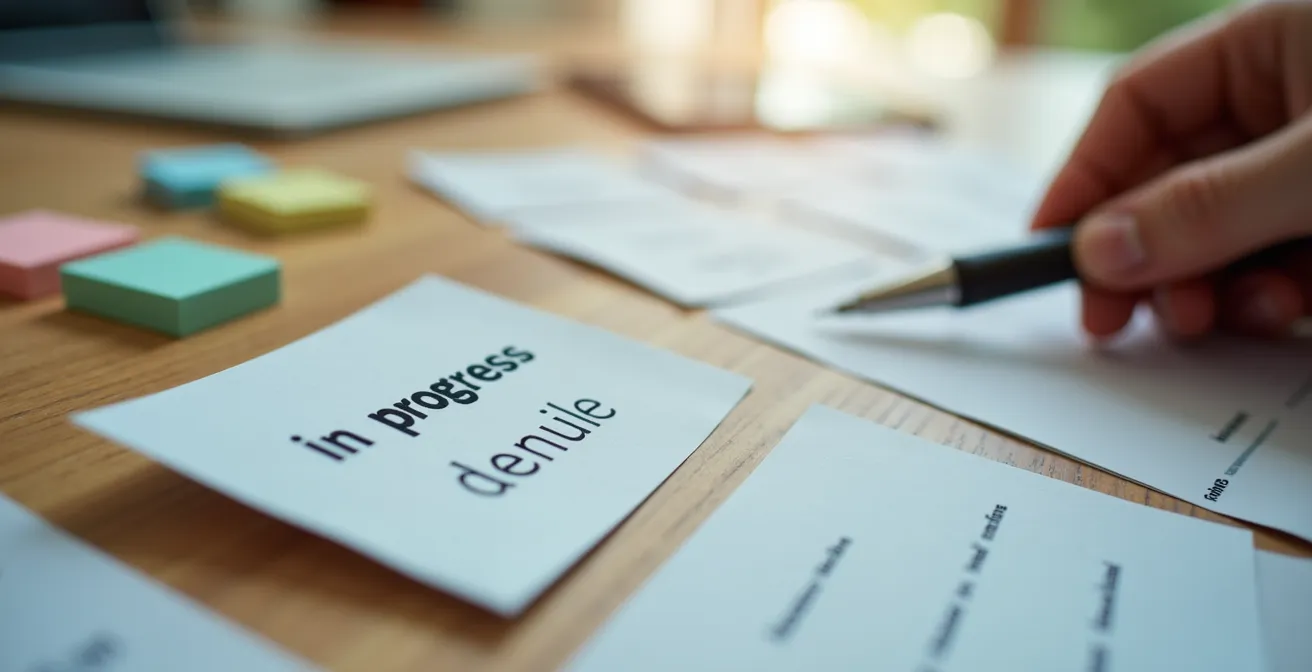 Vista macro di una scrivania organizzata con elementi di project management visuali e tattili