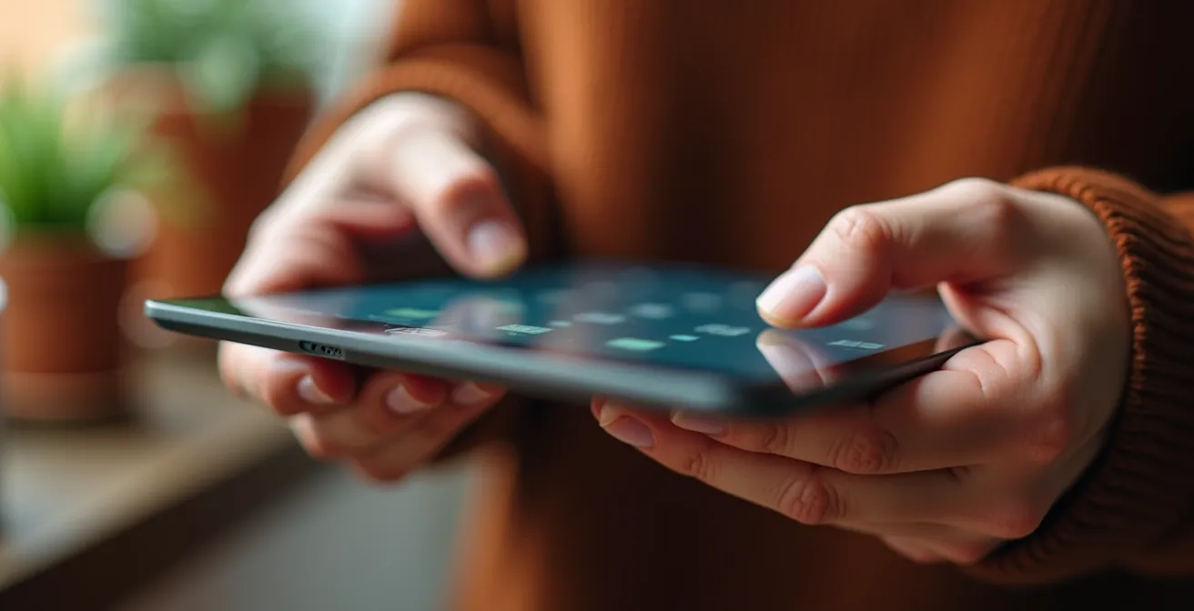 Mani che tengono documenti digitali certificati con QR code su tablet in ambiente domestico italiano