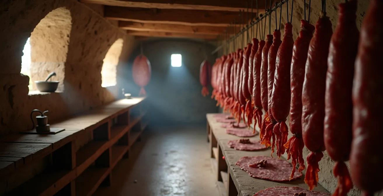 Cantina di stagionatura tradizionale italiana con sensori IoT integrati discretamente nell'ambiente