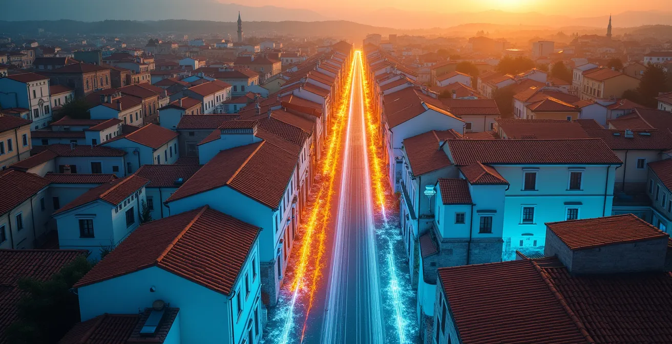 Vista aerea di quartiere italiano con indicatori colorati della copertura fibra