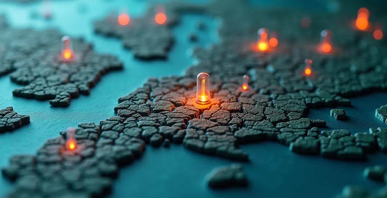 Vista macro di una mappa topografica con indicatori luminosi per la copertura di rete