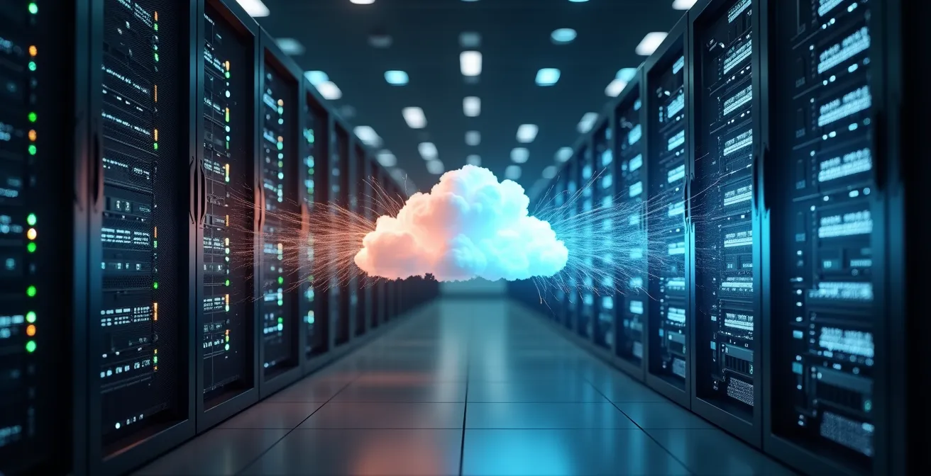 Processo di migrazione dati dal server locale al cloud con fasi progressive che collegano i due ambienti