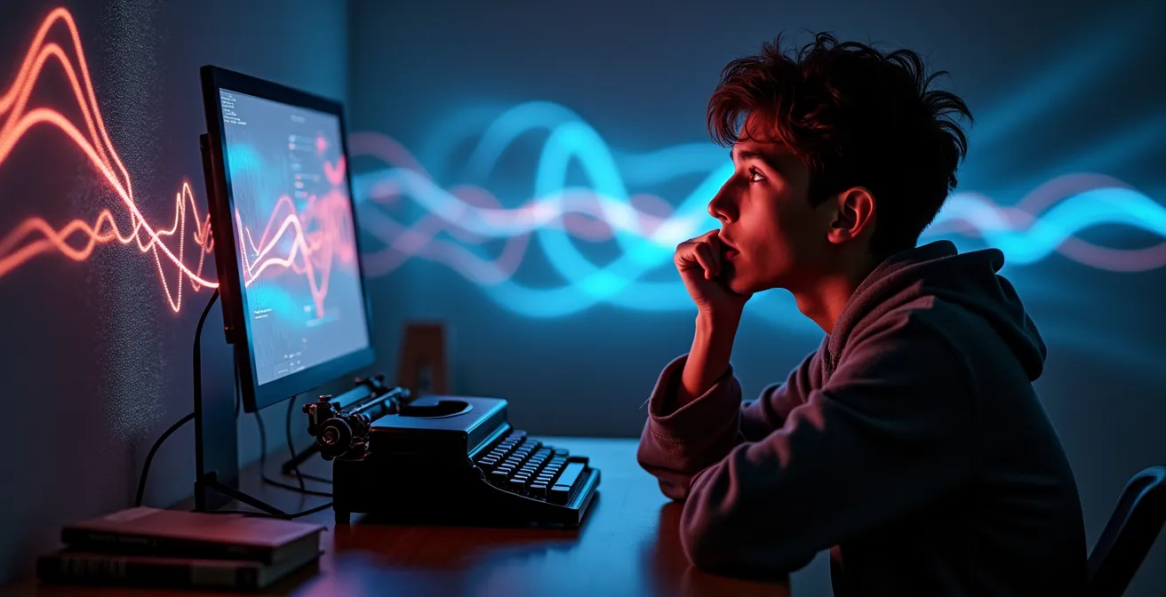 Giovane italiano che riflette criticamente davanti a interfacce digitali astratte