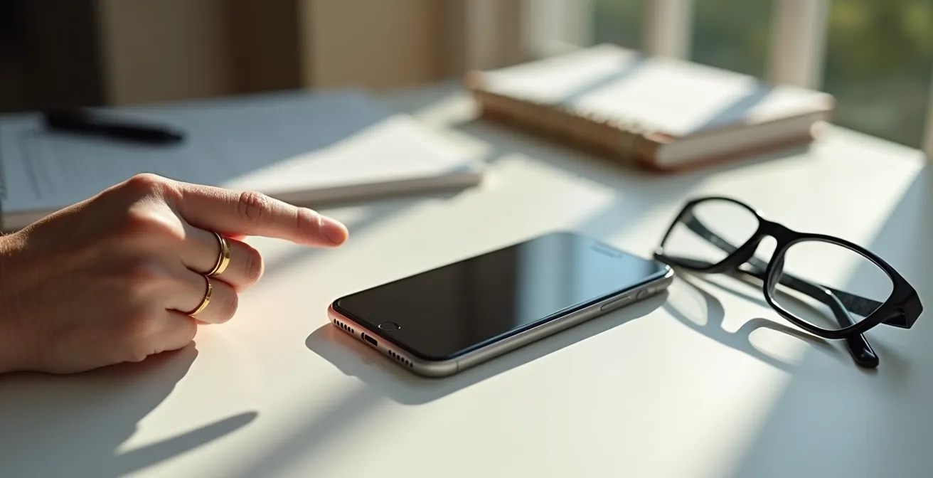 Smartphone su tavolo che mostra notifiche di sicurezza bancaria con mano anziana che lo osserva attentamente