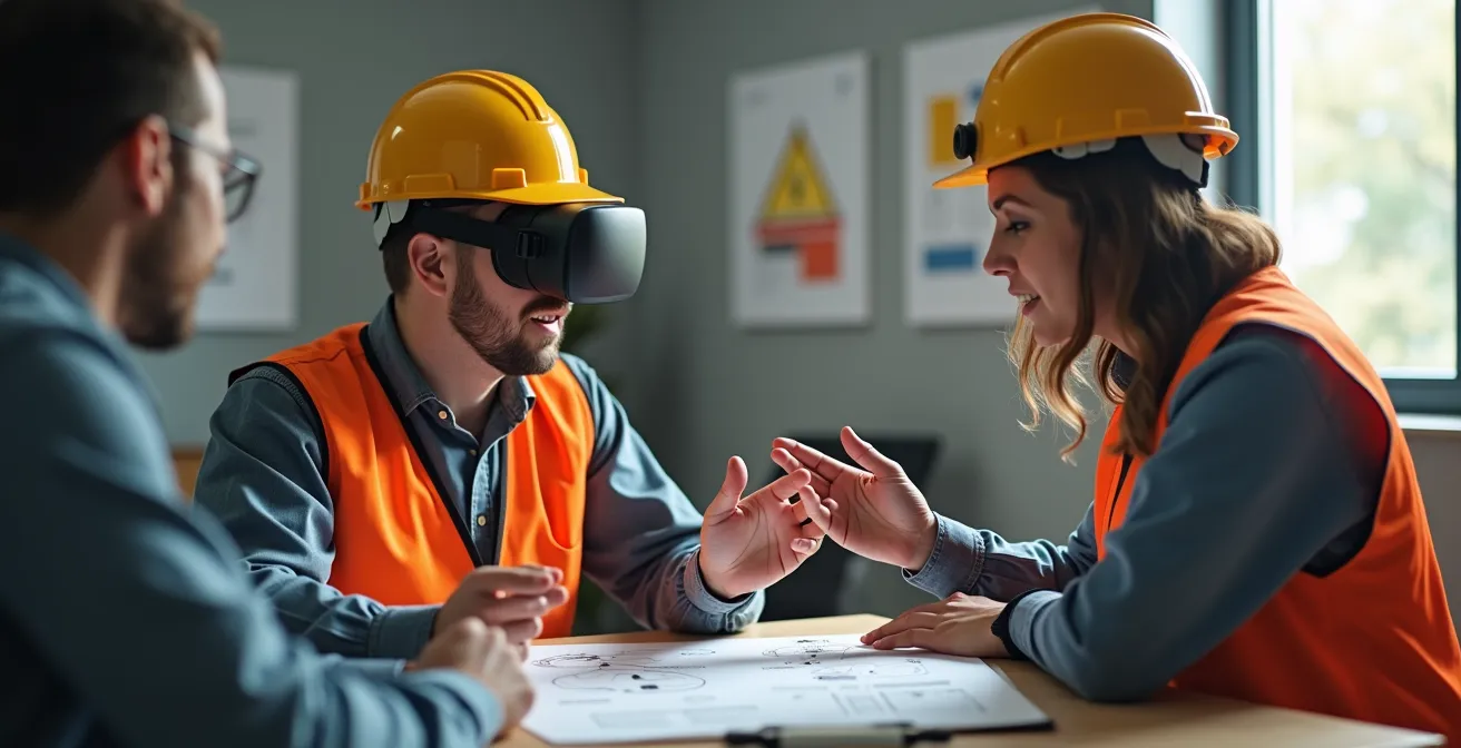 Operaio in pausa dopo sessione VR mentre discute con formatore per il debriefing