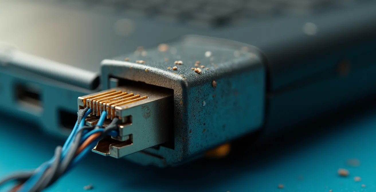 Dettaglio macro della porta ethernet di un notebook datato con cavo collegato