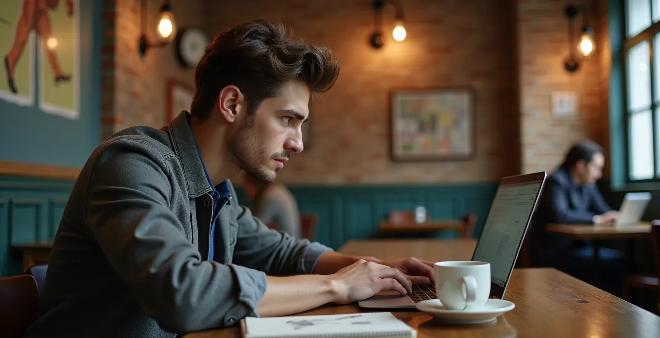 Professionista che lavora al proprio portfolio digitale in un caffè milanese