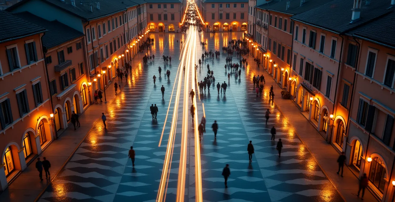 Vista aerea di una piazza italiana con rappresentazione astratta di flussi di persone anonimizzati