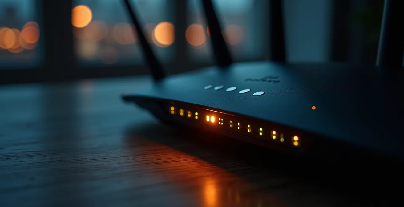Router FWA 5G illuminato di notte con indicatori LED che mostrano attività di download