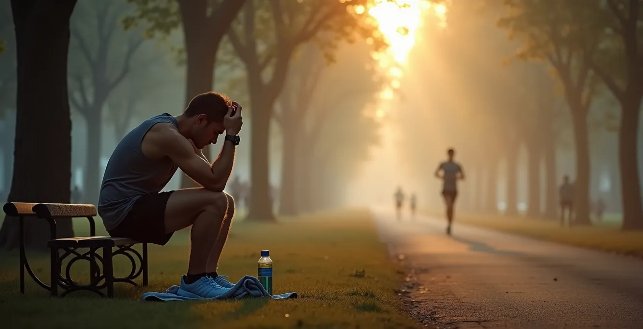 Atleta in fase di recupero che controlla i parametri vitali prima della maratona