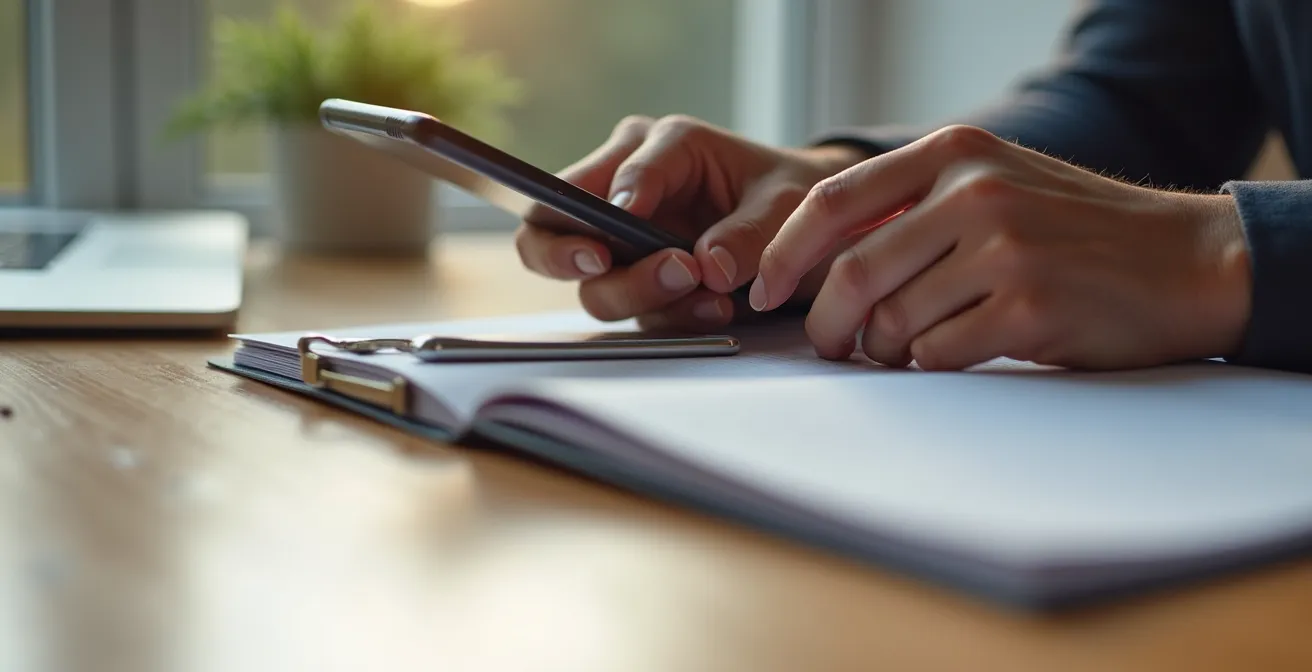 Mani che utilizzano smartphone per scansionare documenti medici con app professionale