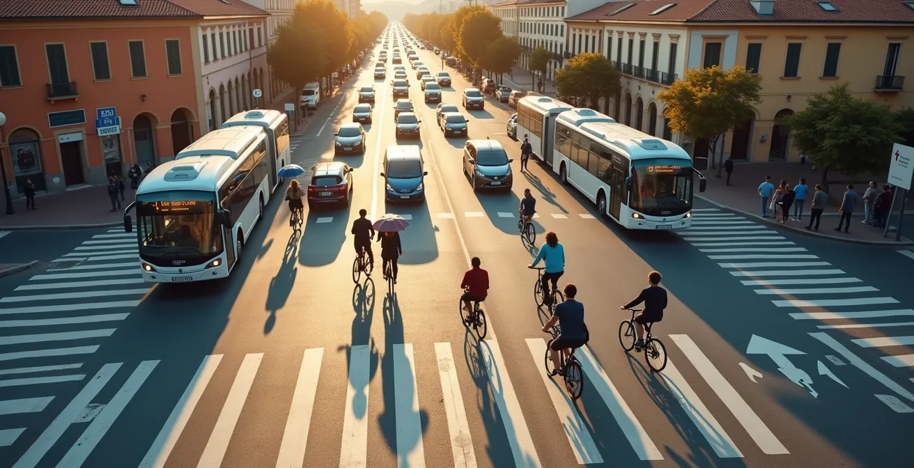 Incrocio urbano con sistema semaforico intelligente e veicoli in movimento fluido