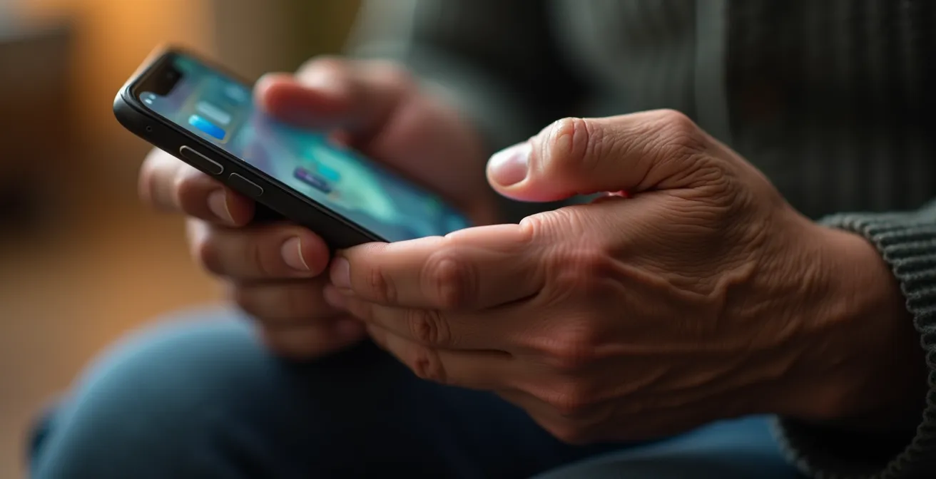 Persona anziana che esamina attentamente messaggi sospetti sullo schermo del telefono
