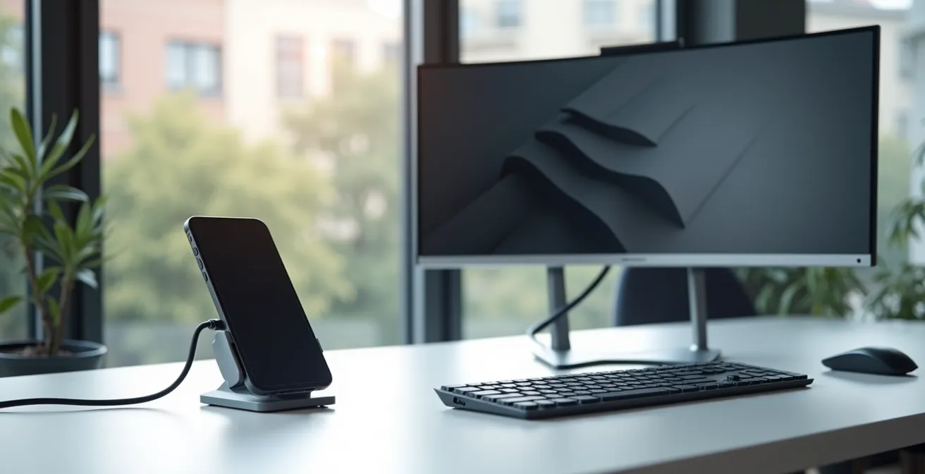 Configurazione desktop con smartphone collegato a monitor esterno tramite dock station in ufficio italiano
