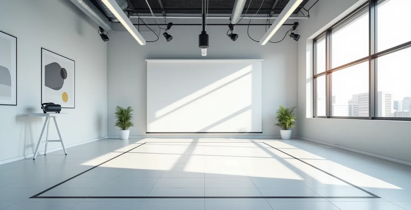 Sala formazione aziendale con area VR delimitata da tappeti tattili e sistema gestione cavi a soffitto