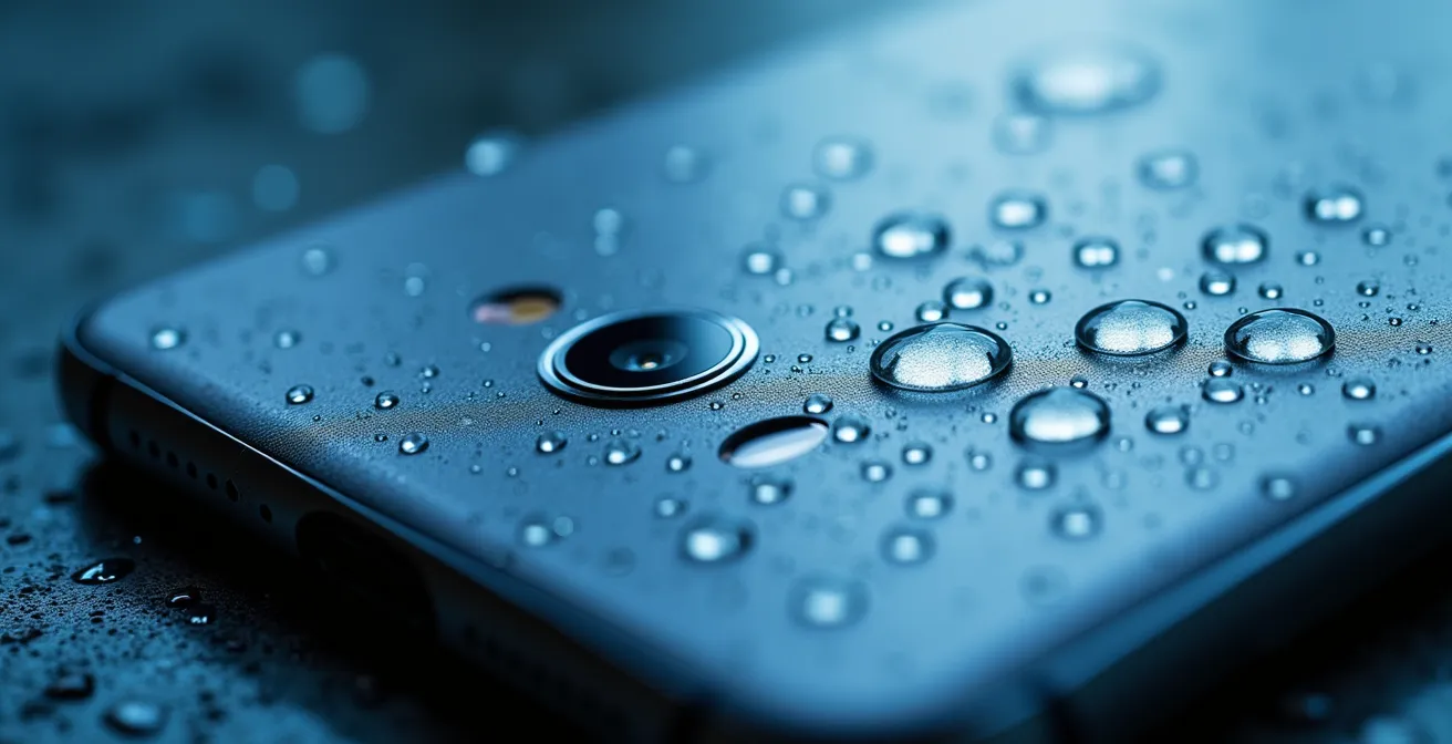 Dettaglio macro del retro di uno smartphone premium che mostra la dissipazione del calore attraverso materiali avanzati