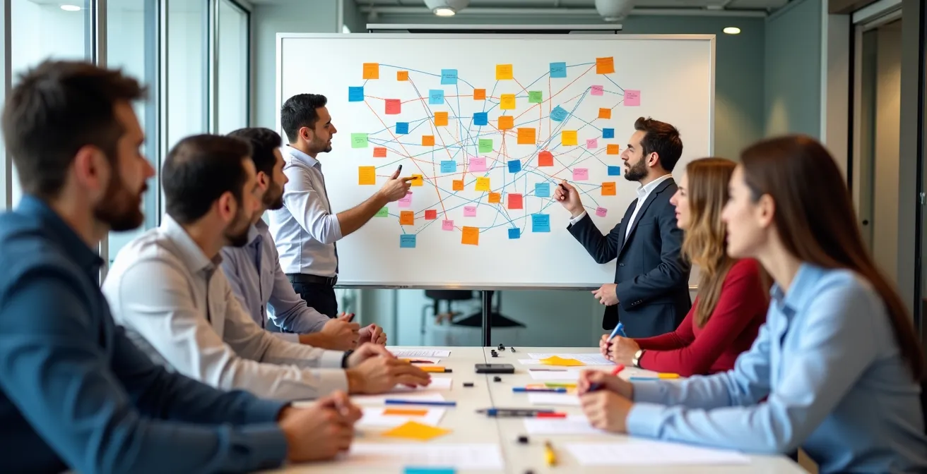 Team diversificato che collabora attorno a una lavagna con schemi colorati in un ambiente luminoso