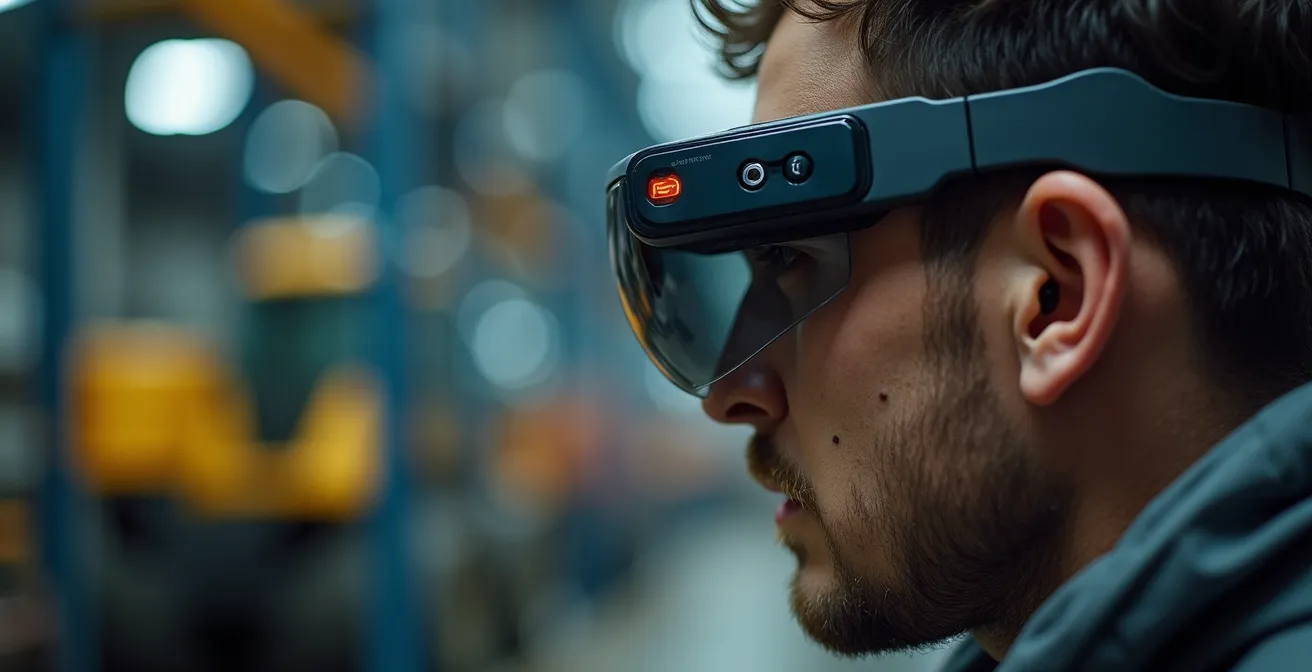 Tecnico con occhiali smart in modalità focus durante operazione su macchinario industriale