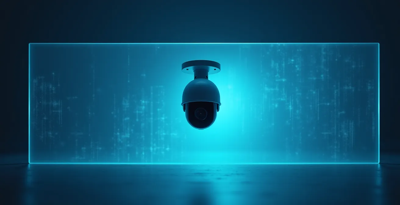 Telecamera di sicurezza isolata dietro una barriera di luce digitale che rappresenta la protezione della rete