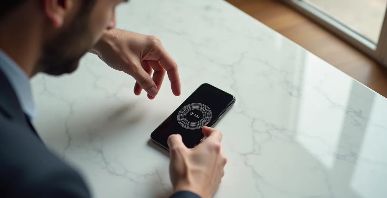 Smartphone con timer di autodistruzione visualizzato in modo astratto su sfondo minimalista
