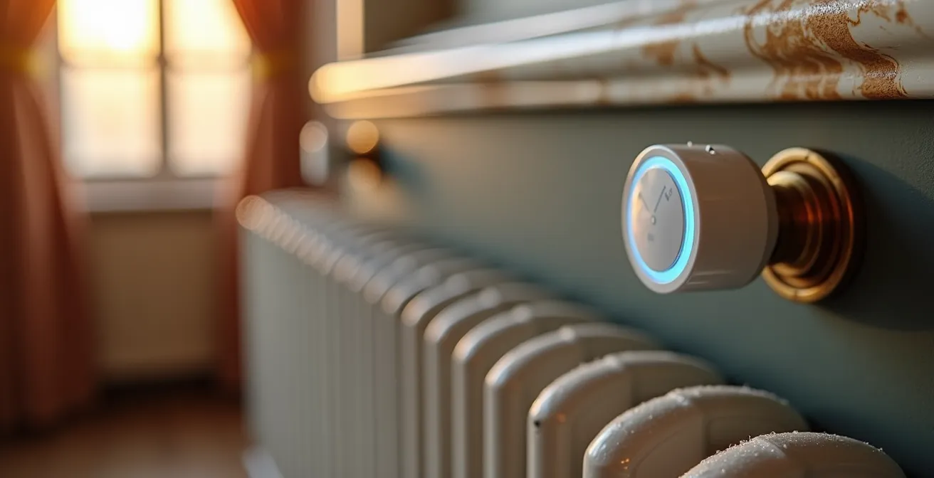 Valvola termostatica intelligente installata su radiatore in appartamento italiano