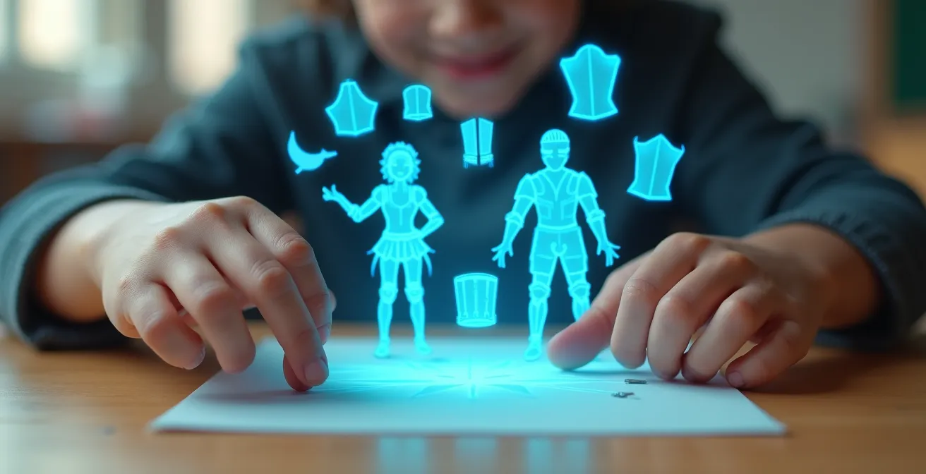 Dettaglio ravvicinato di mani studentesche che manipolano un modello olografico di armatura romana